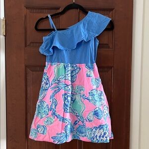 Lilly Pulitzer Blue and Pink One-Shoulder Kids Dress XL 12 14
